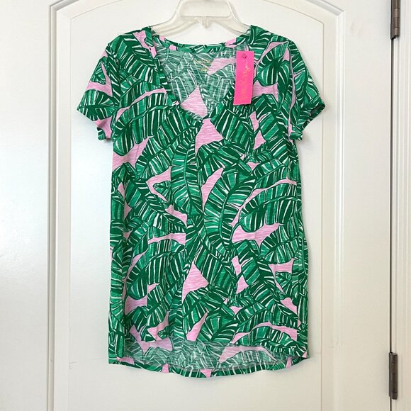 New Lilly Pulitzer XS Etta V Neck T-Shirt Top Conch Shell Pink Green NWT - Picture 1 of 8